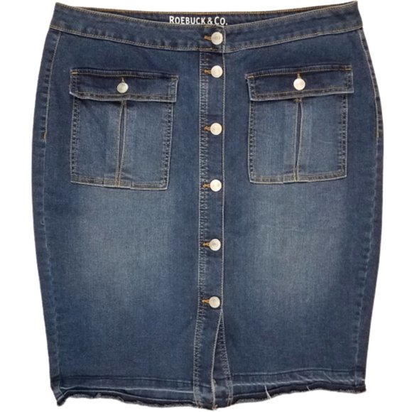 SEARS ROEBUCK & CO Button-Front Frayed Hem Blue Denim Jean Skirt - Picture 1 of 4